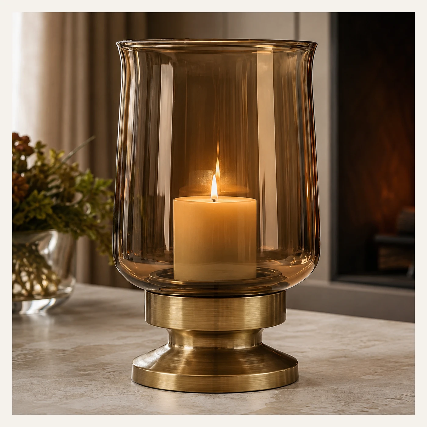 Amber Glass Hurricane Candle Holder
