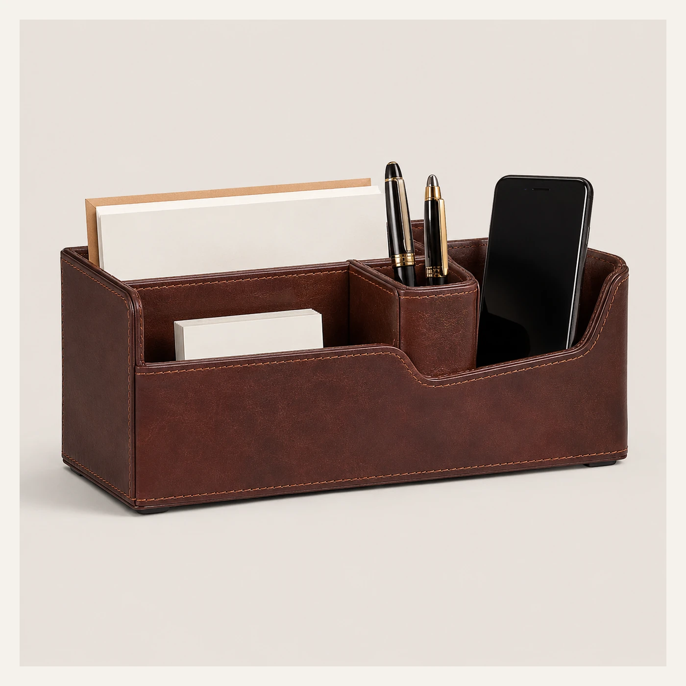 Brown Leather-Look Desk Organizer with Phone Holder