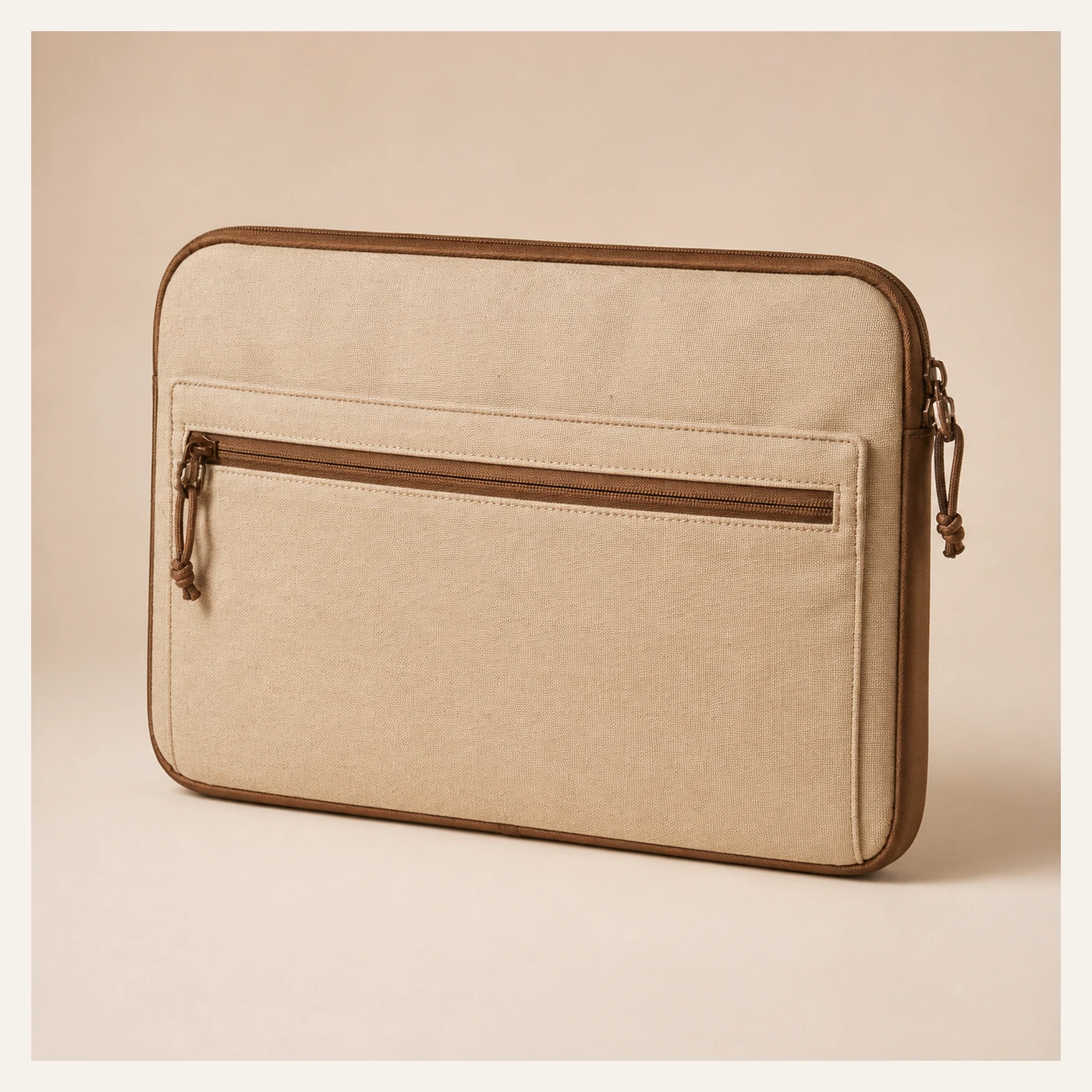 Beige Fabric Laptop Sleeve with Front Zip Pocket