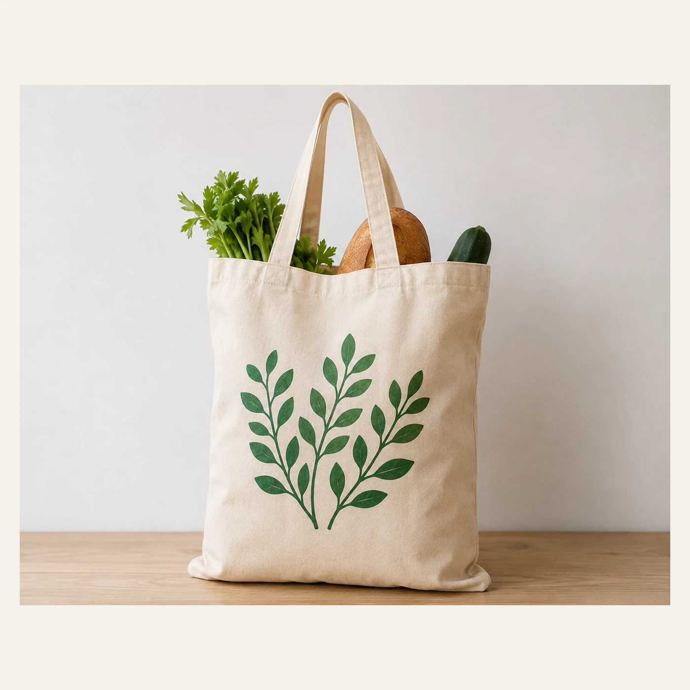Natural Canvas Tote with Green Leaf Print