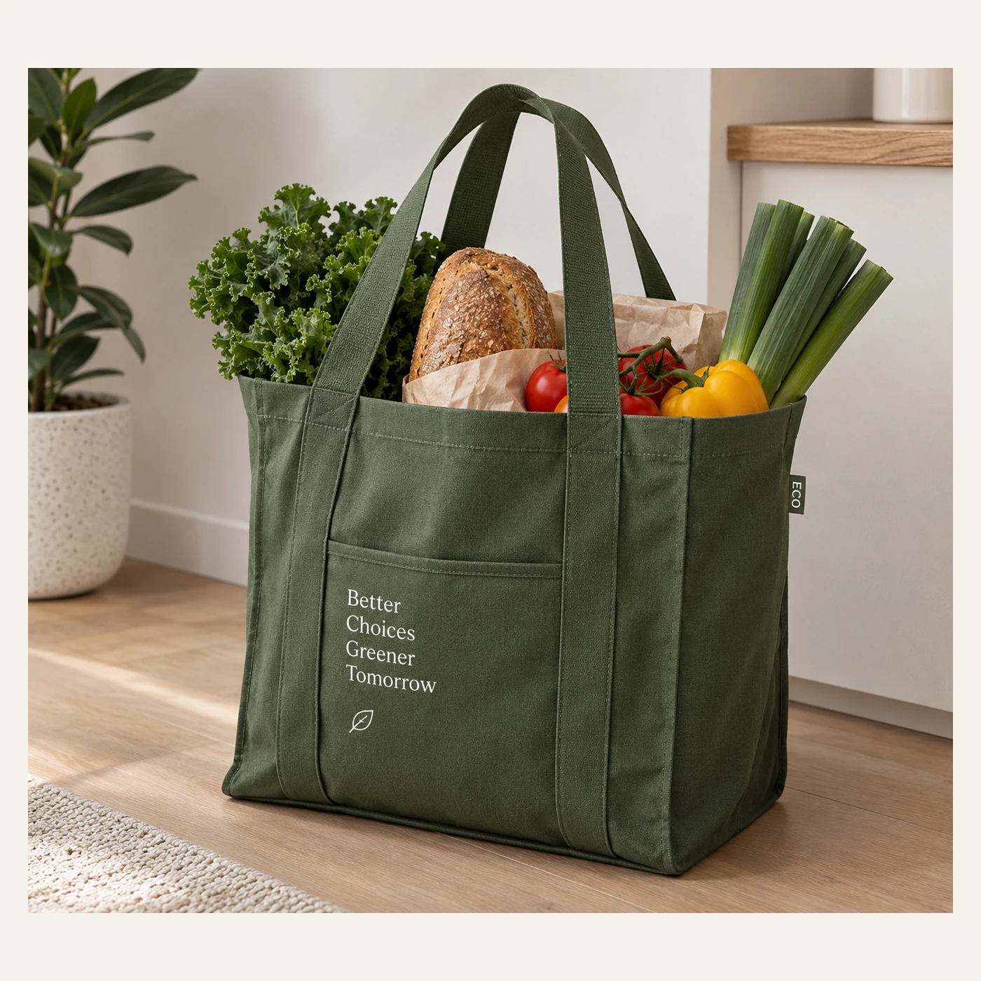 Dark Green Grocery Tote with Front Pocket