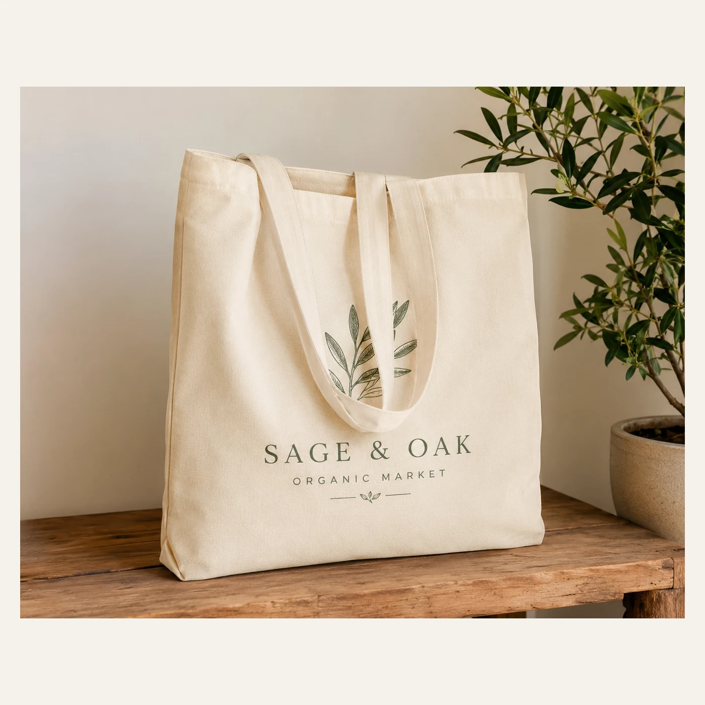 Natural Market Tote with Botanical Graphic